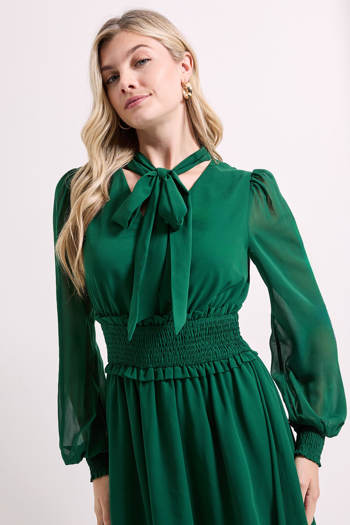 Dorothy Perkins Bow Tie Neck Detail Shirred Waist Midi Dress Forest image 5