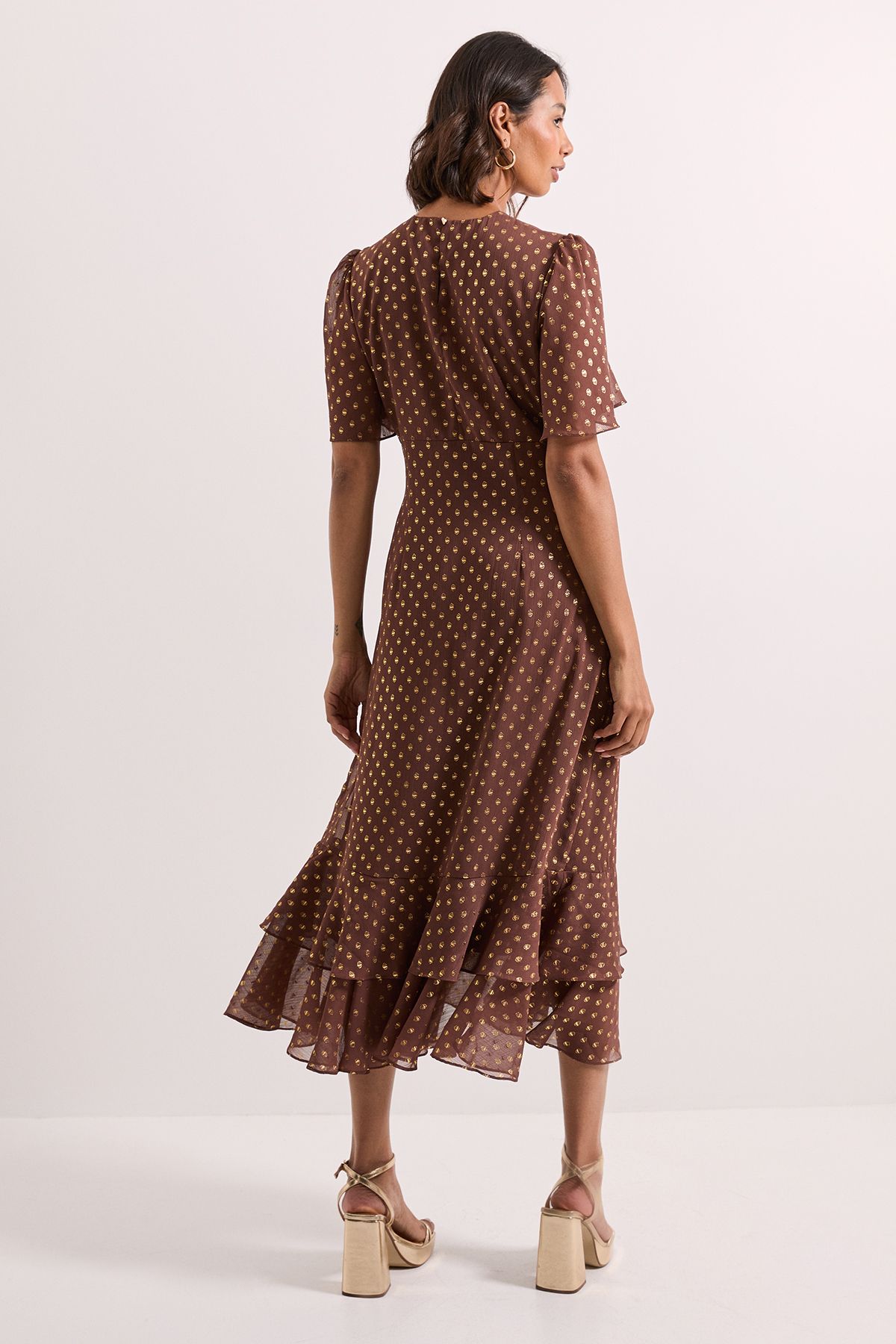 Dorothy Perkins DP Luxe Metallic Spot Chiffon Ruffle Hem Midi Dress Chocolate image 3