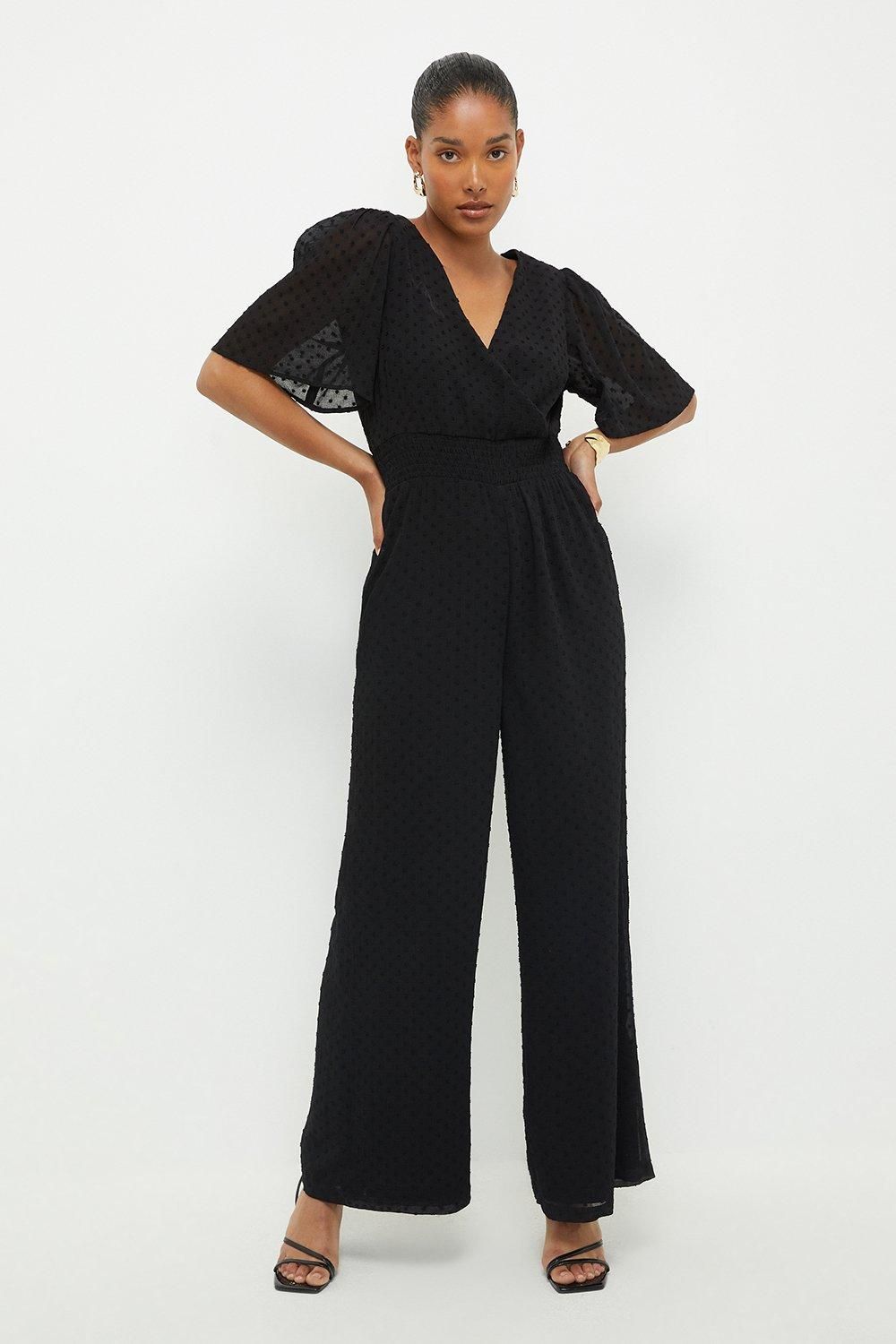 Dorothy Perkins Black Chiffon Dobby Shirred Waist Jumpsuit Black image 1