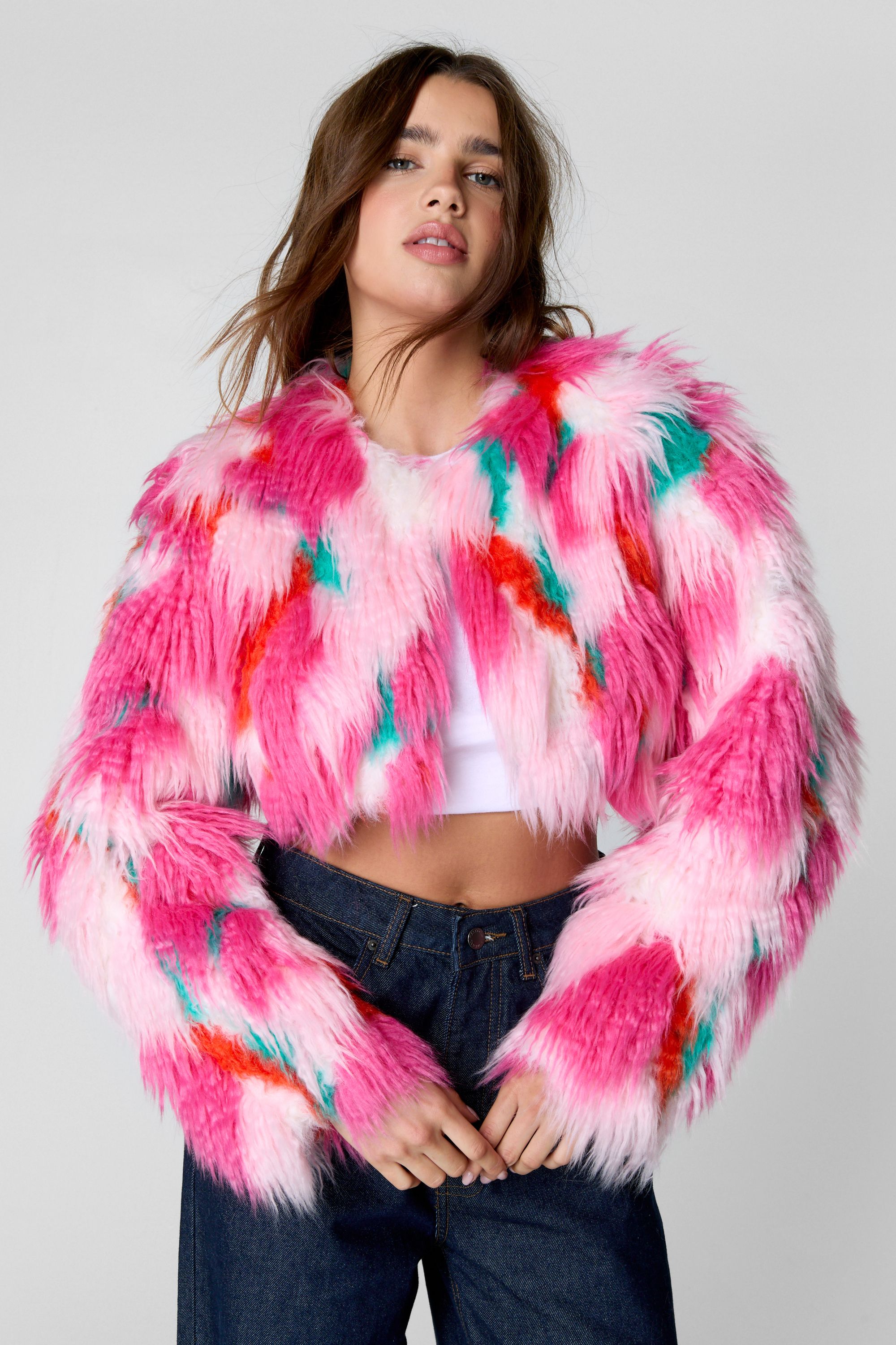 NastyGal Premium Patchwork Faux Fur Cropped Coat Pink image 3