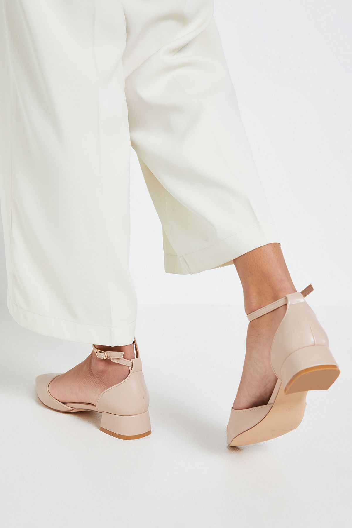 Dorothy Perkins Bennie Faux Leather Pointed Low Block Heel Court Shoes Beige image 3