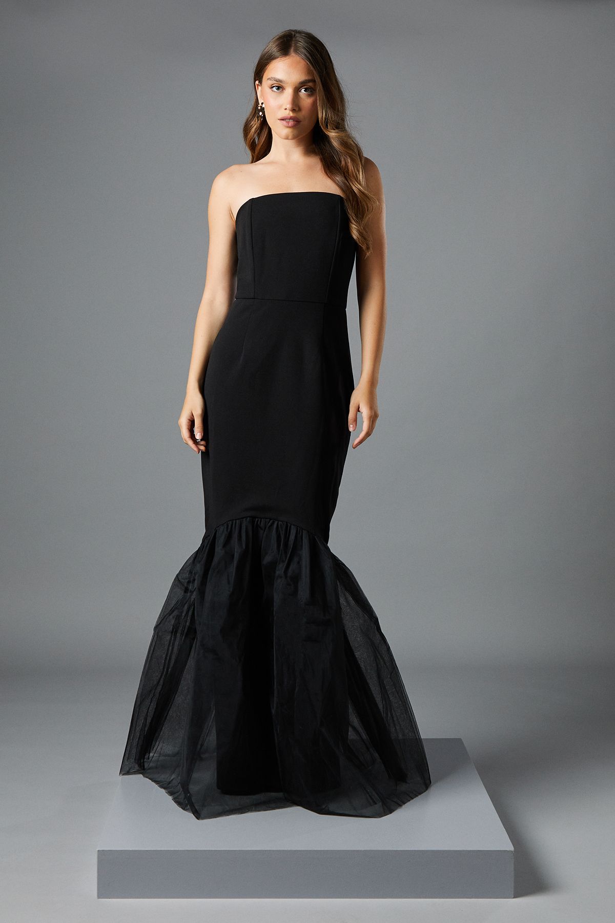 Coast Strapless Fitted Maxi Dress with Tulle Fishtail Hem Black image 1