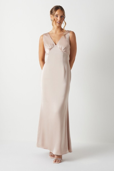 Coast Bow Back V Neck Satin Bridesmaid Dress Mocha
