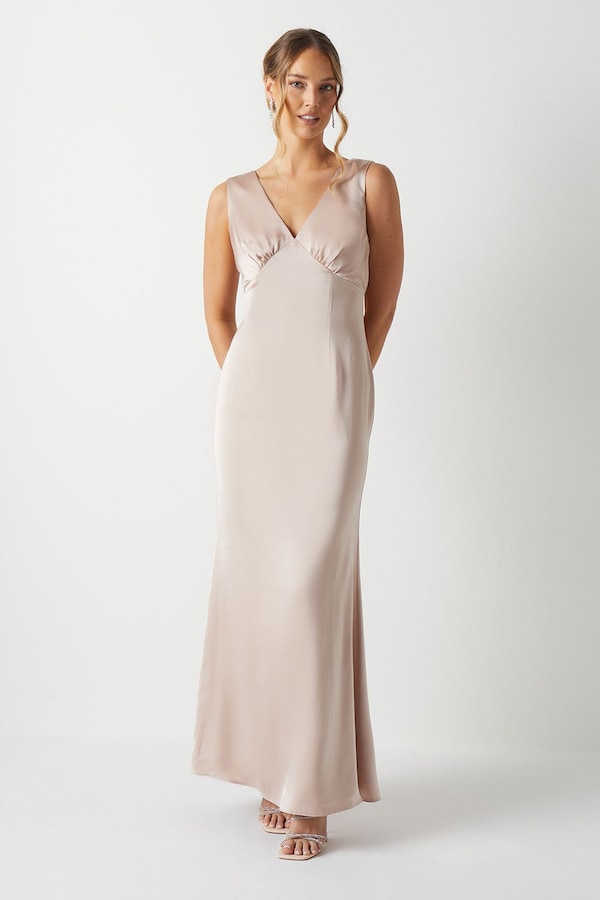Coast Bow Back V Neck Satin Bridesmaid Dress Mocha