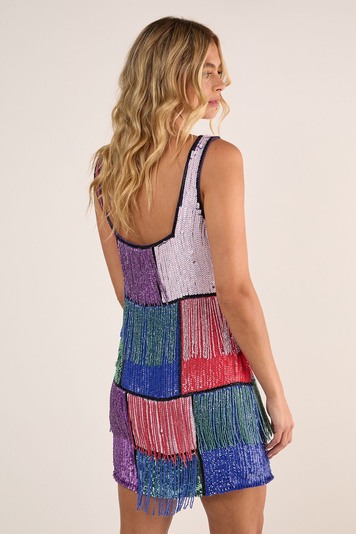 NastyGal Colour Block Check Tassel Sequin Mini Dress Multi image 4