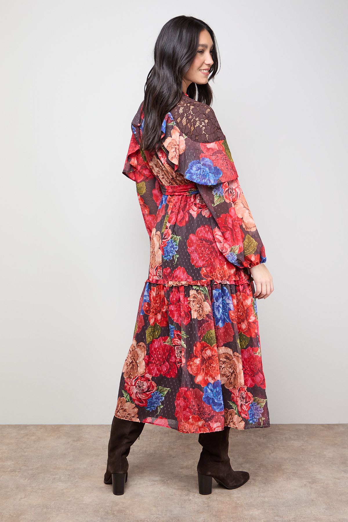 Oasis Printed Chiffon Cape Detail Belted Waist Midi Dress Red image 3