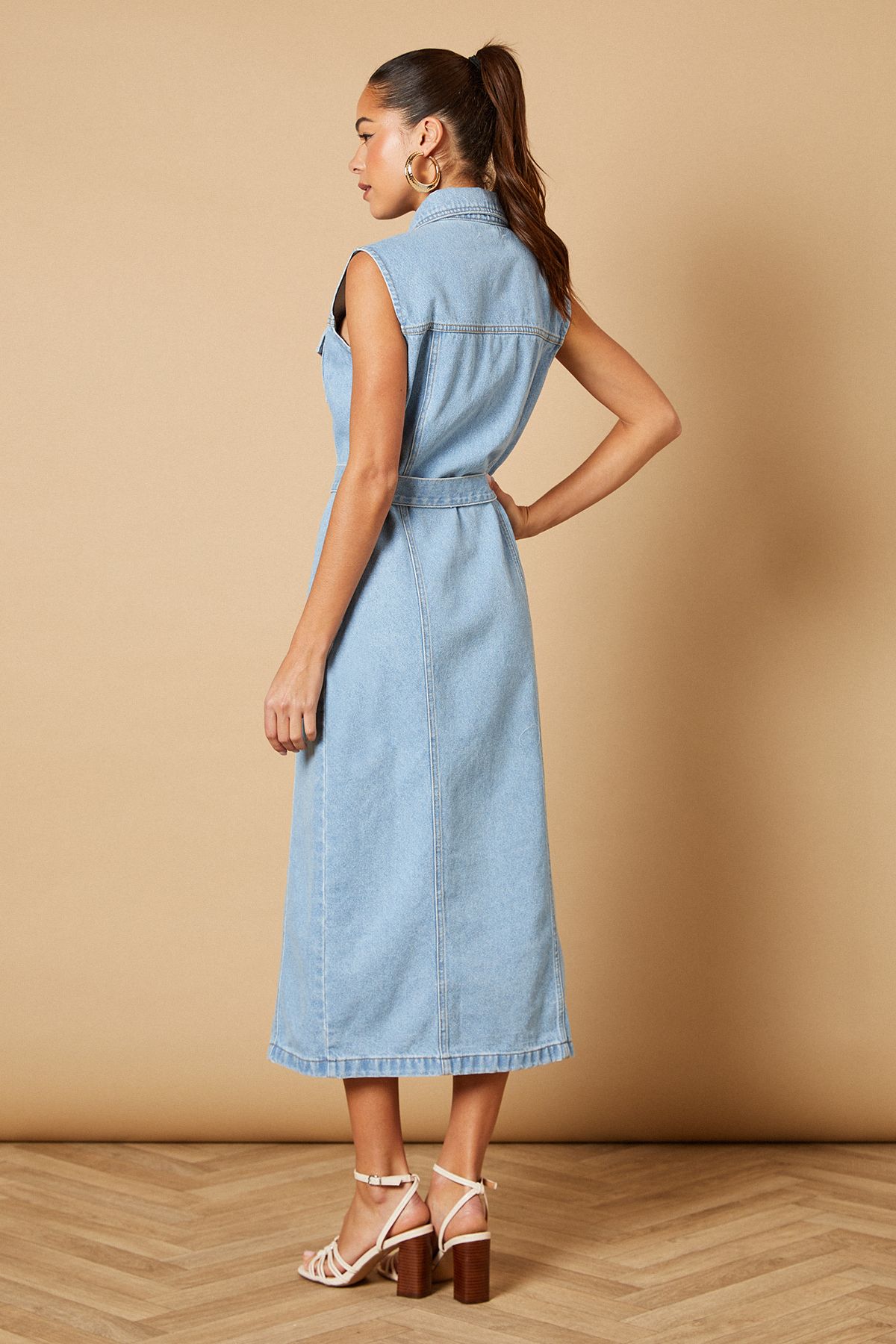 Oasis Belted Waist Pocket Detail Midi Dress Light Wash image 4