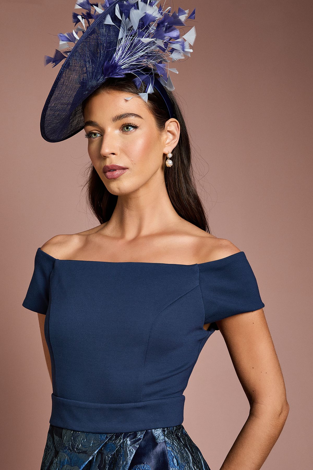 Coast Lisa Tan Stretch Bardot Jacquard Skirt Midi Dress Navy image 4