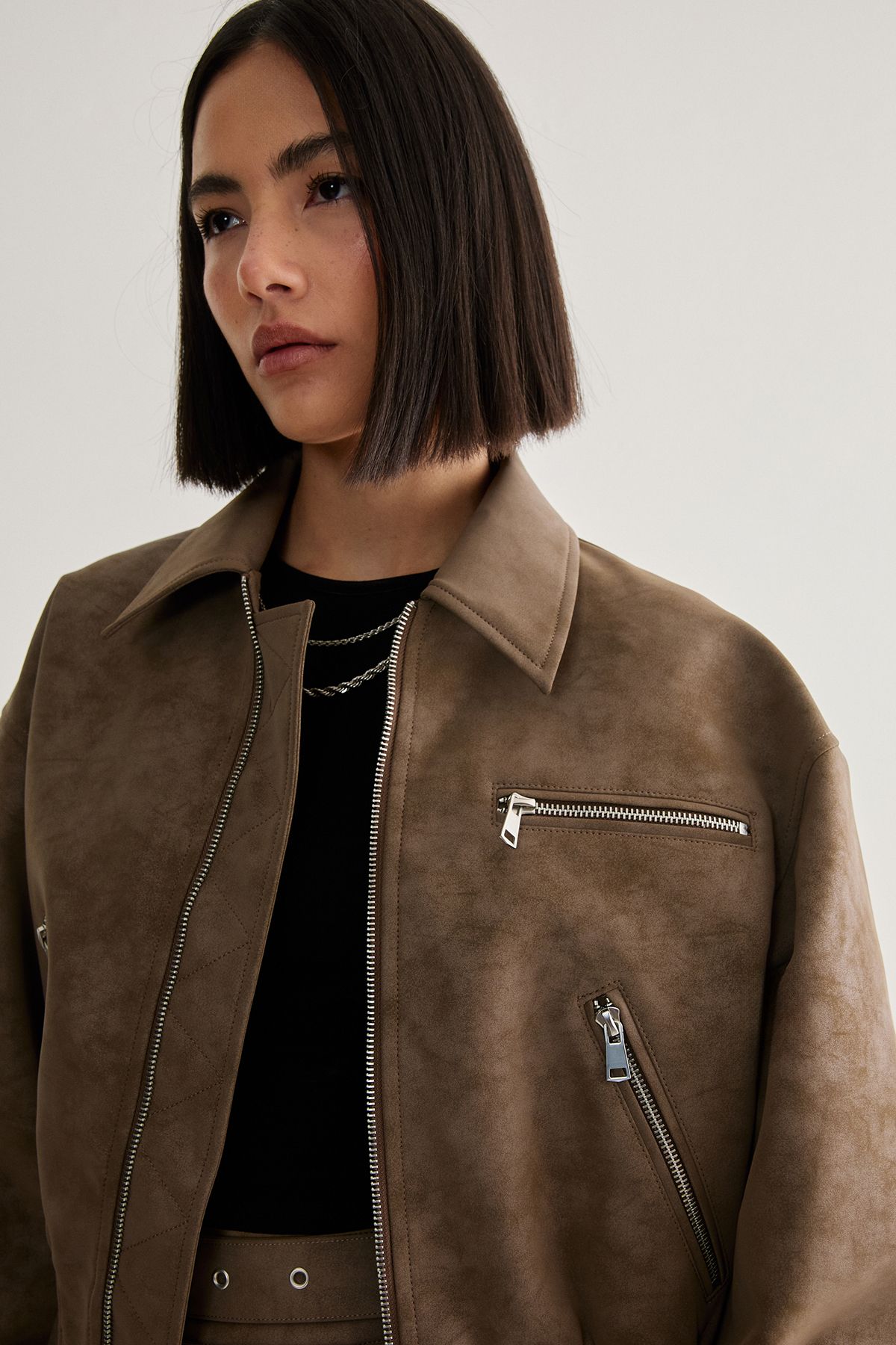 NastyGal Distressed Faux Leather Bomber Jacket Brown image 3