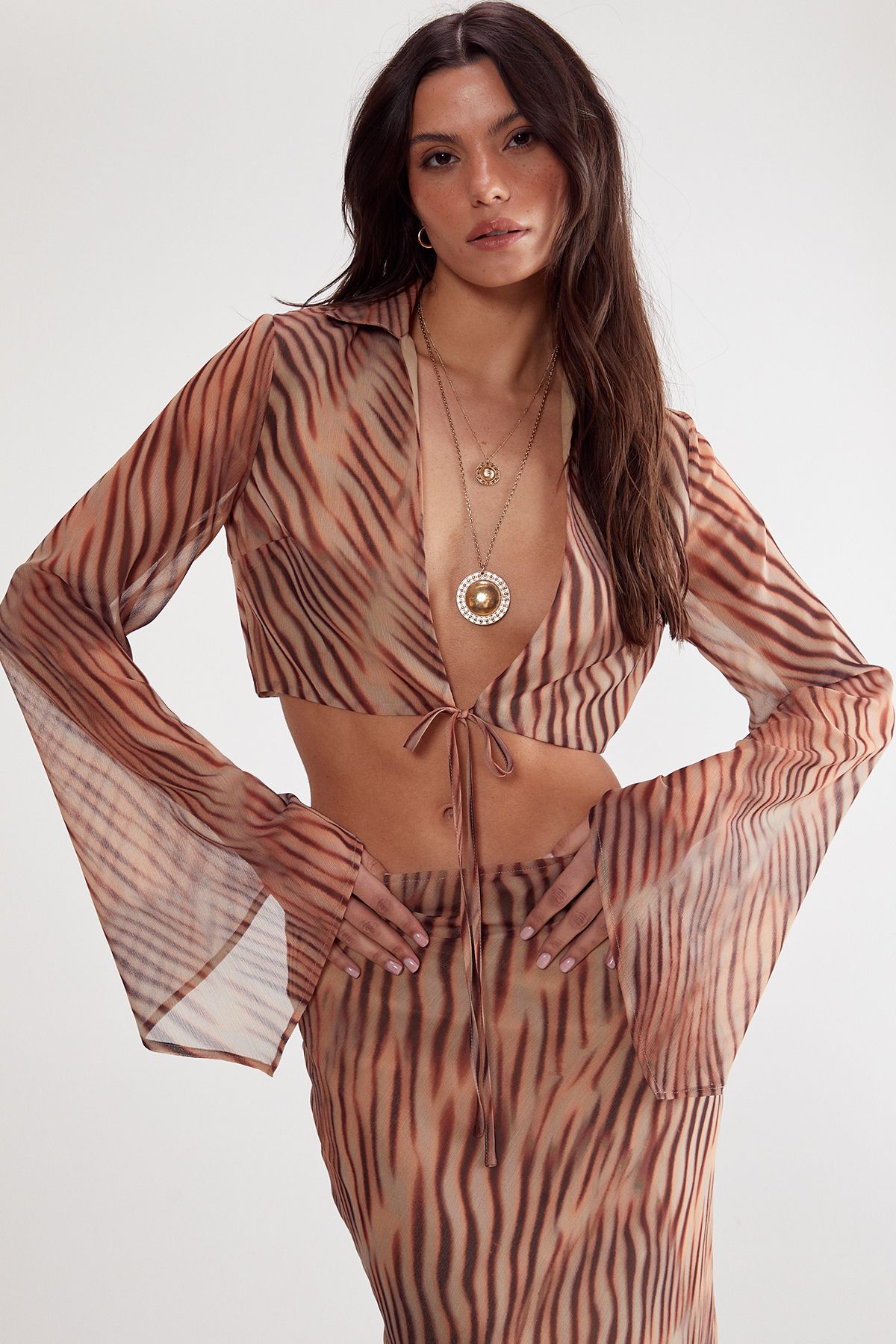 NastyGal (Az) Chiffon Blurred Zebra Tie Front Fluted Sleeve Crop Top Orange image 1