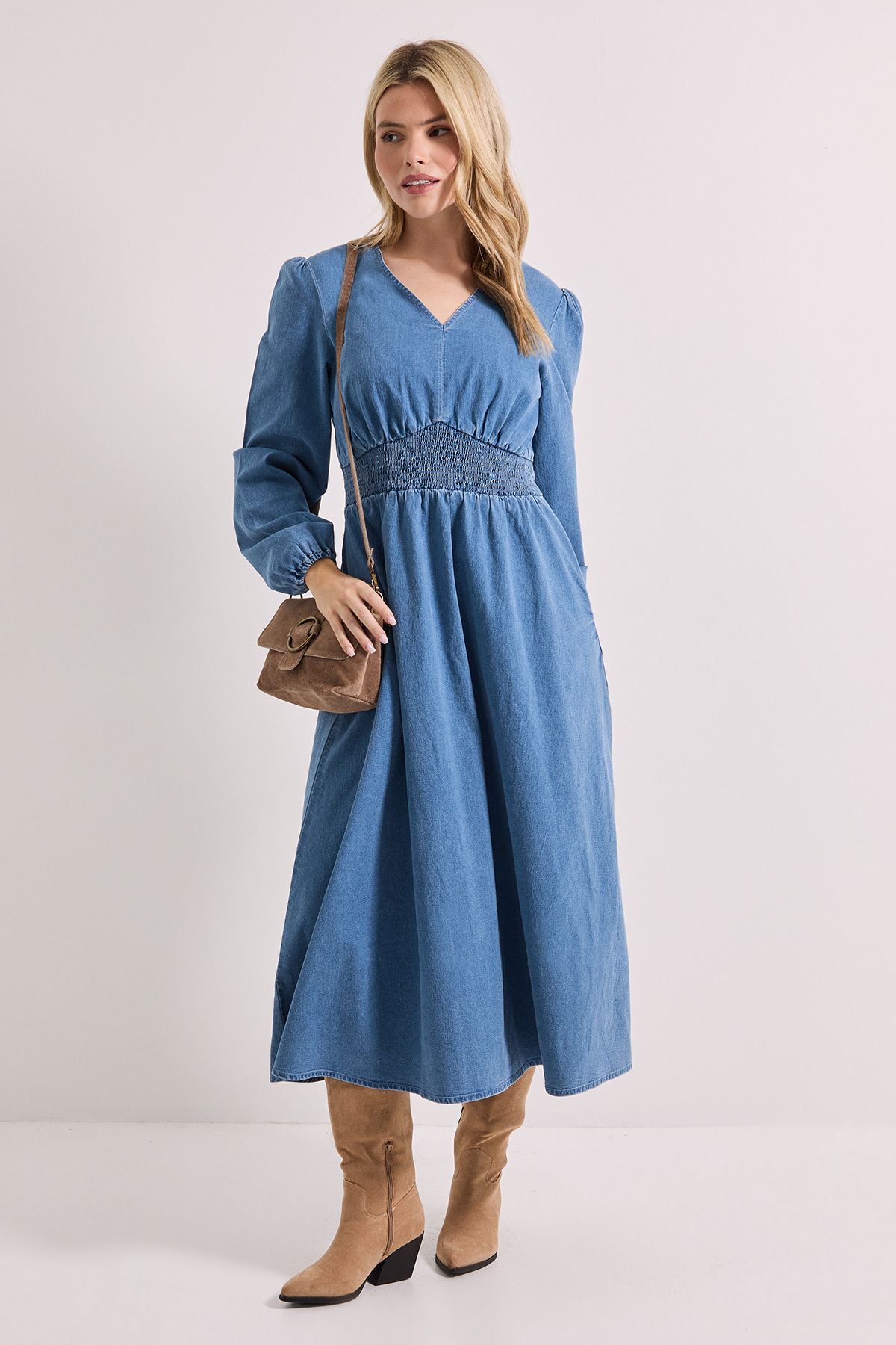 Dorothy Perkins Shirred Waist Long Sleeve Denim Midi Dress Mid Wash image 1