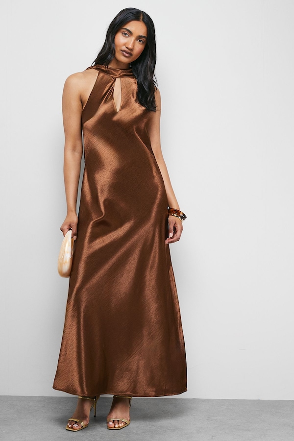 Warehouse Satin Tie Neck Cowl Front Maxi Dress Chocolate