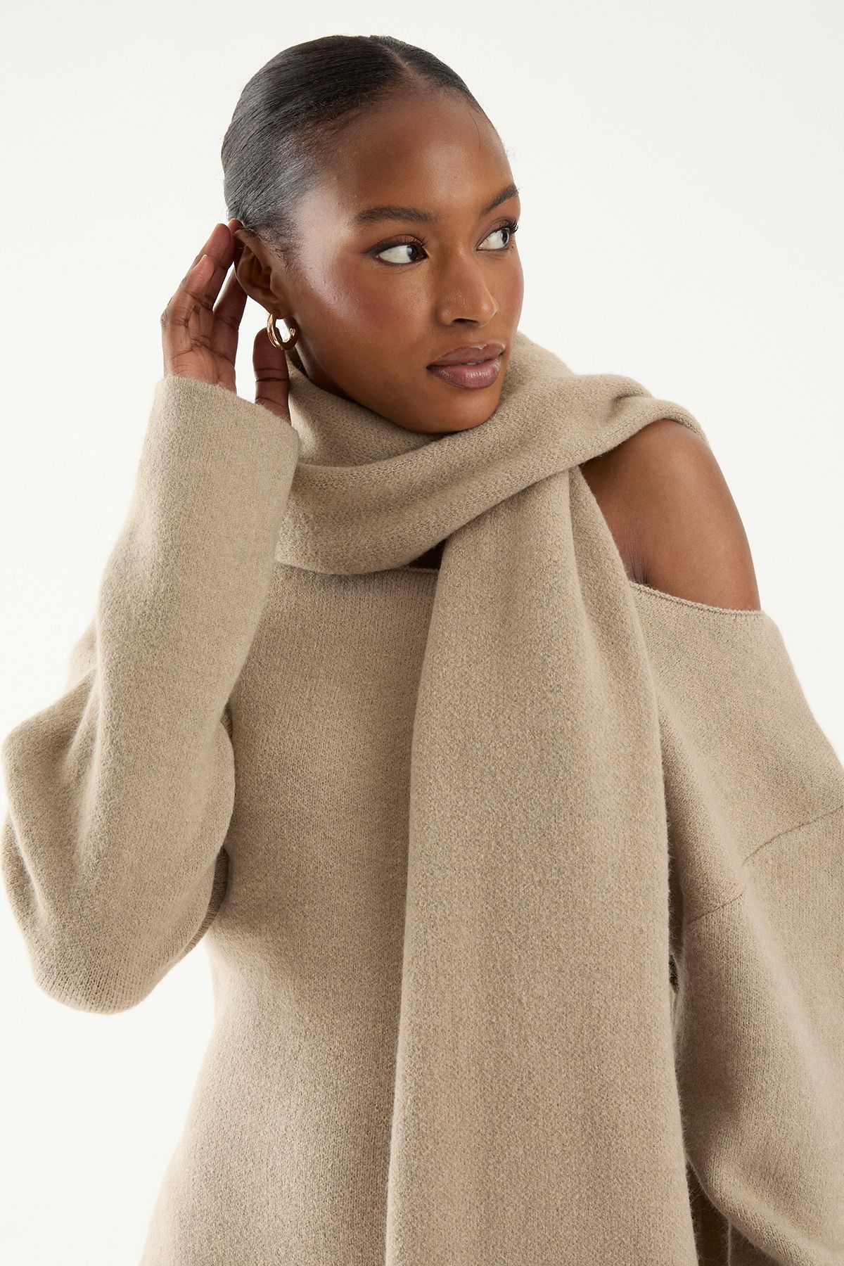 MissPap Knitted Slash Neck Scarf Detail Mini Dress Oatmeal image 5