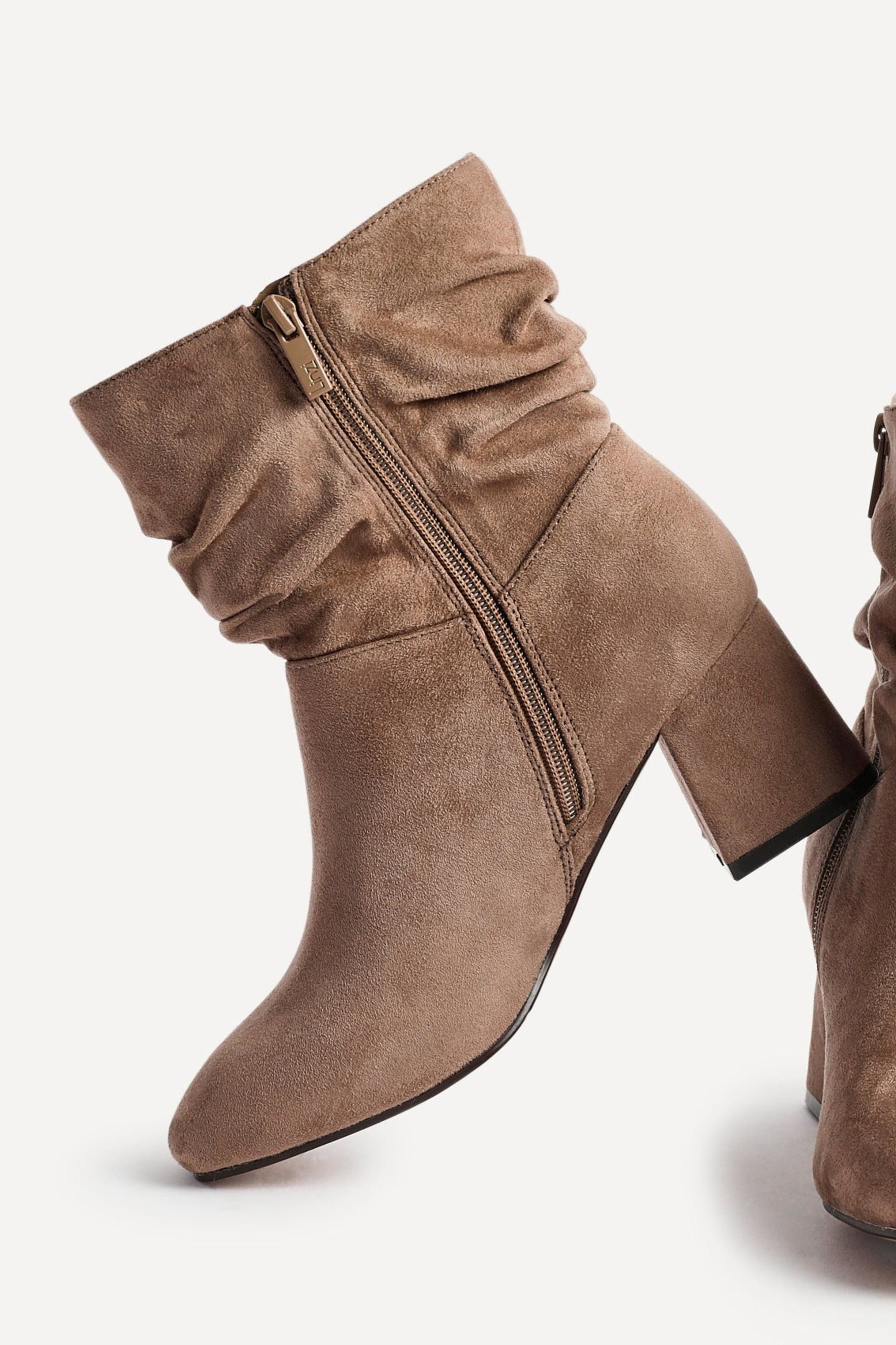 Linzi Zayda Wide Fit Mocha Faux Suede Ruched Heeled Ankle Boot image 4