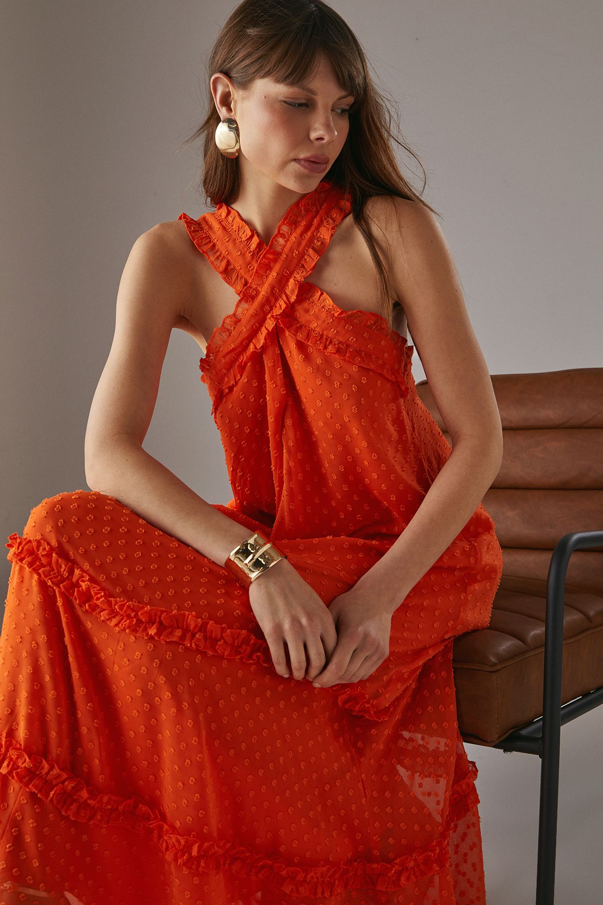 Warehouse Dobby Chiffon Frill Halter Tier Ruffle Maxi Dress Orange image 2