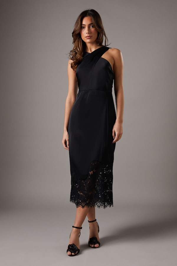 Coast Lace Hem Cross Front Halter Satin Dress Black