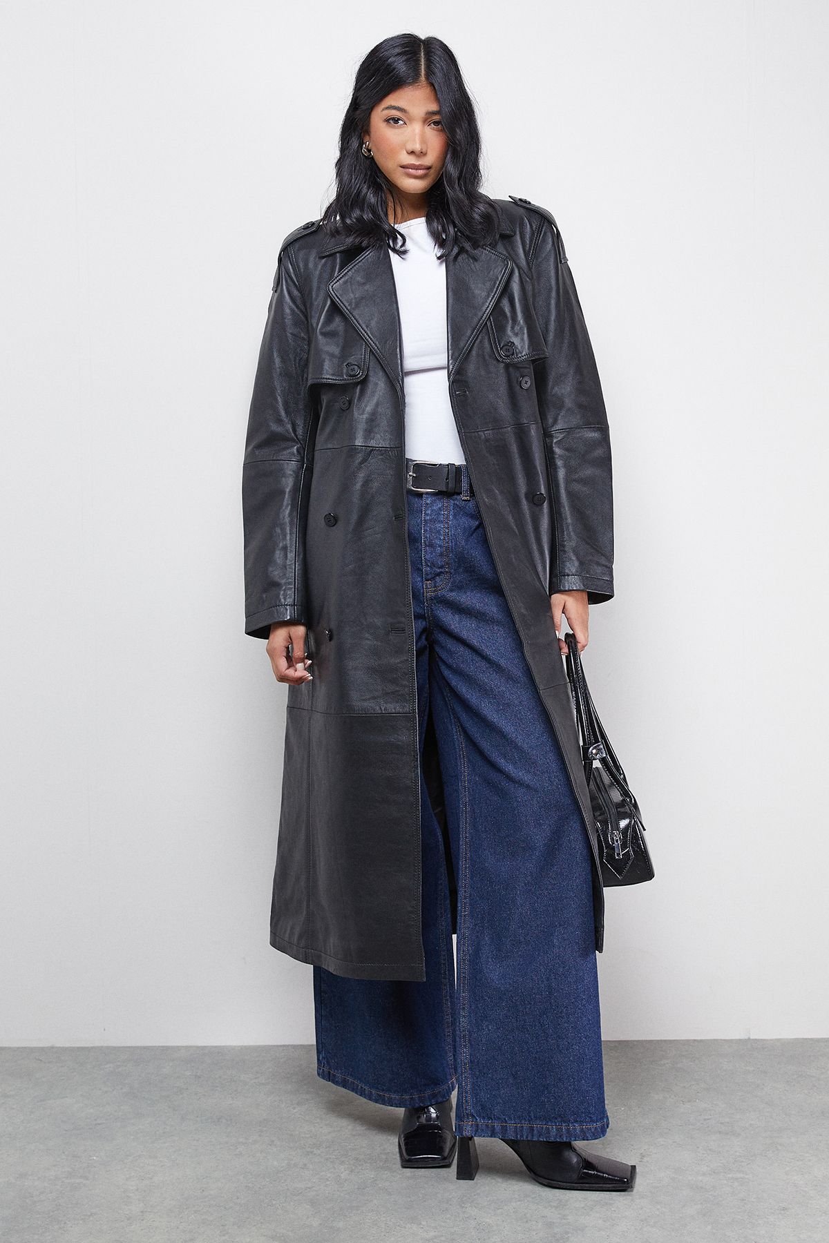 Warehouse Real Leather Belted Trench Coat Black image 1