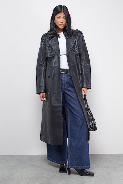 Warehouse Real Leather Belted Trench Coat Black