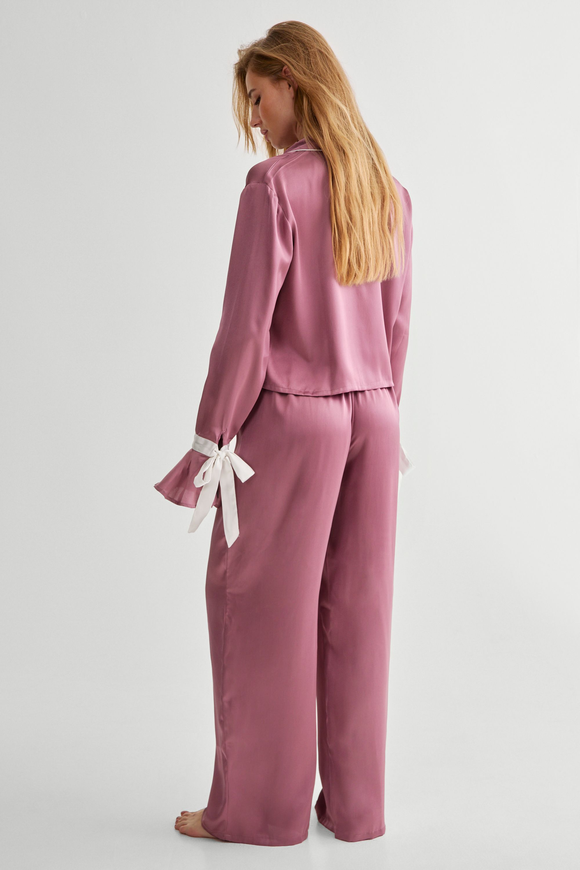 NastyGal Satin Contrast Tie Cuff Pajama Shirt And Pants Set Mauve image 4