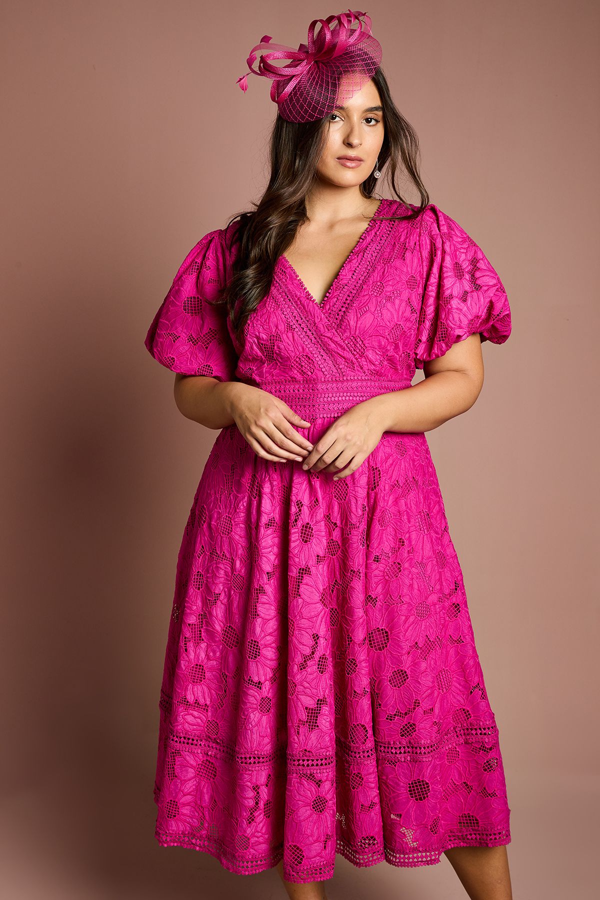 Coast Plus Lace Midi Dress With Puff Sleeve Hot Pink image 4