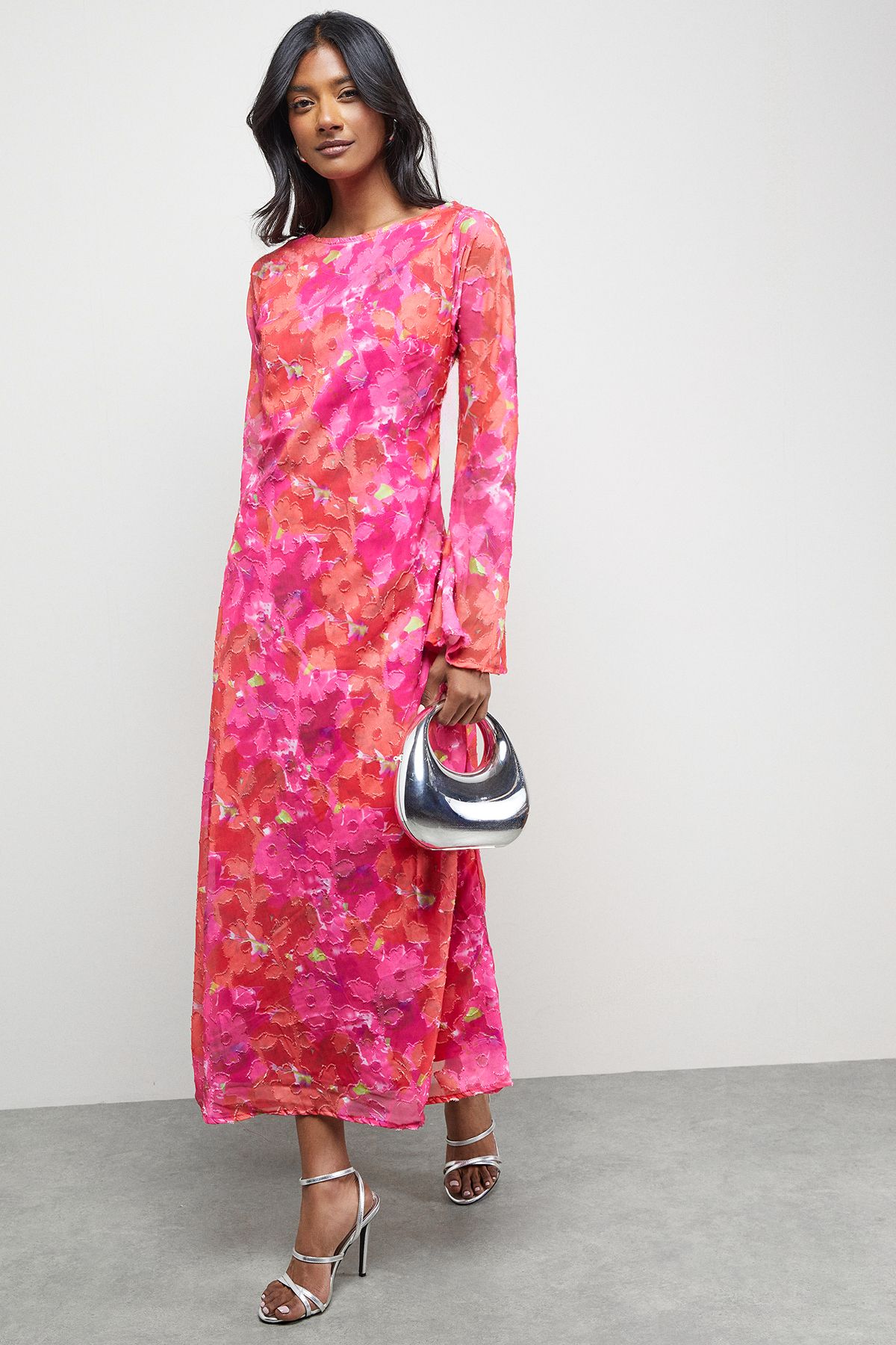Warehouse Burnout Floral Chiffon Slash Neck Bias Midi Dress Pink image 1