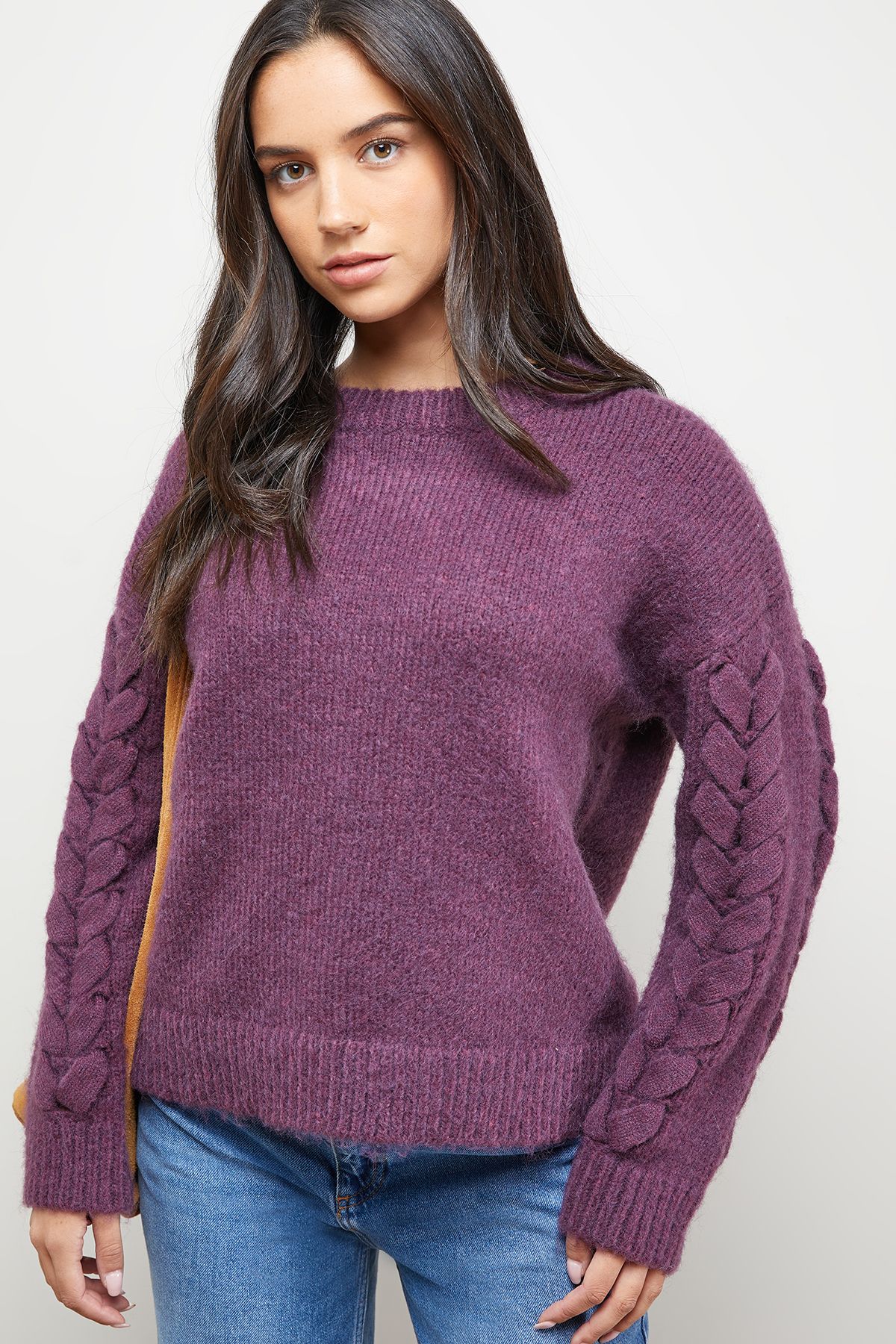 Oasis Cable Knit Sleeve Crew Neck Cosy Jumper Aubergine