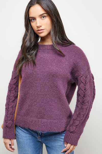 Oasis Cable Knit Sleeve Crew Neck Cosy Jumper Aubergine