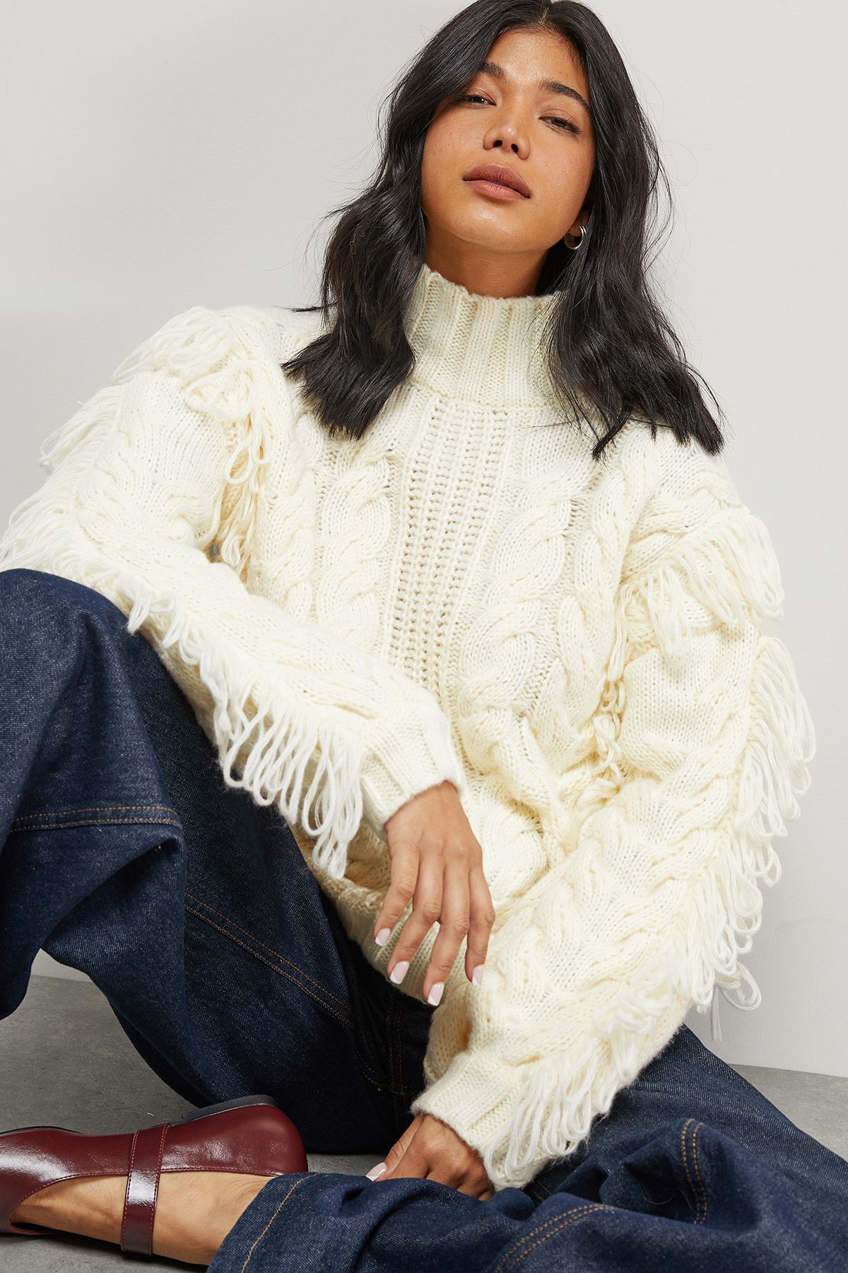 Warehouse Fringe Cross Back Cable Jumper Cream image 4