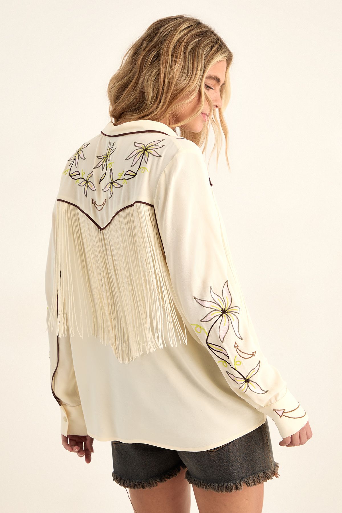 NastyGal Embroidered Fringe Western Shirt Co-ord Cream