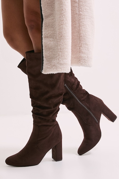 Dorothy Perkins Wide Fit Keris Faux Suede High Block Heel Ruched Knee High Boots Brown