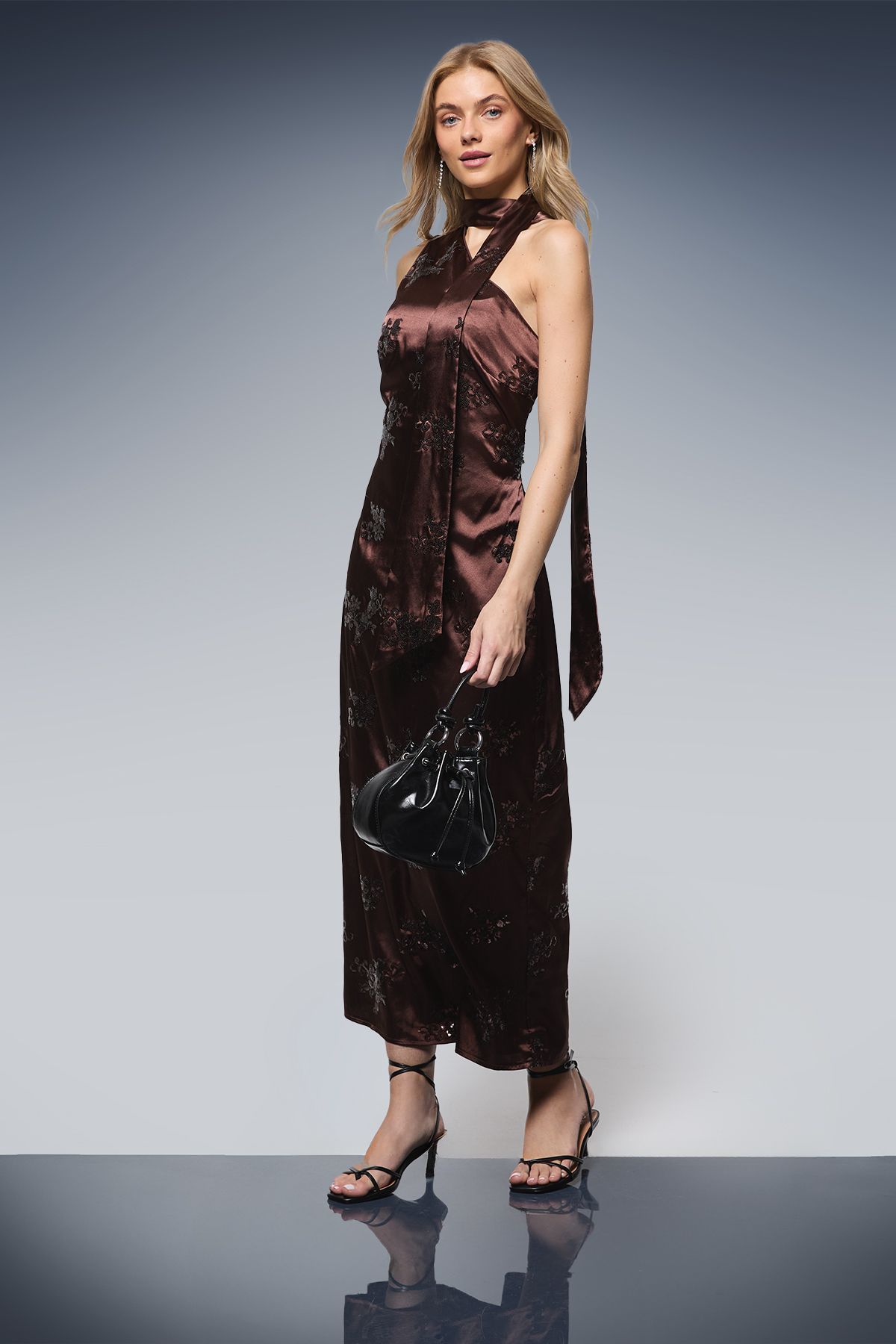 Oasis Sequin Satin Tie Neck Midi Slip Dress Chocolate image 1