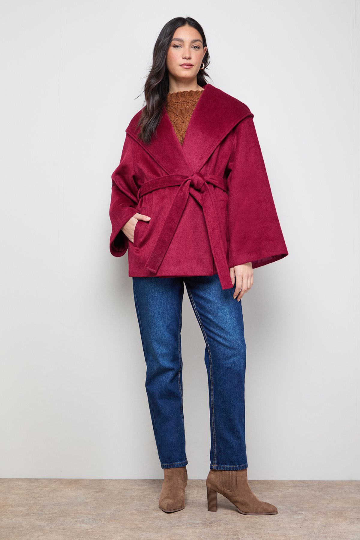 Oasis Hooded Cropped Belted Coat Berry image 2