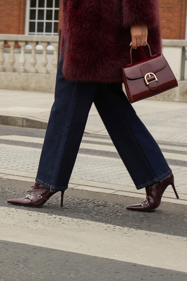 Quiz Burgundy Faux Leather Buckle Ankle Boots