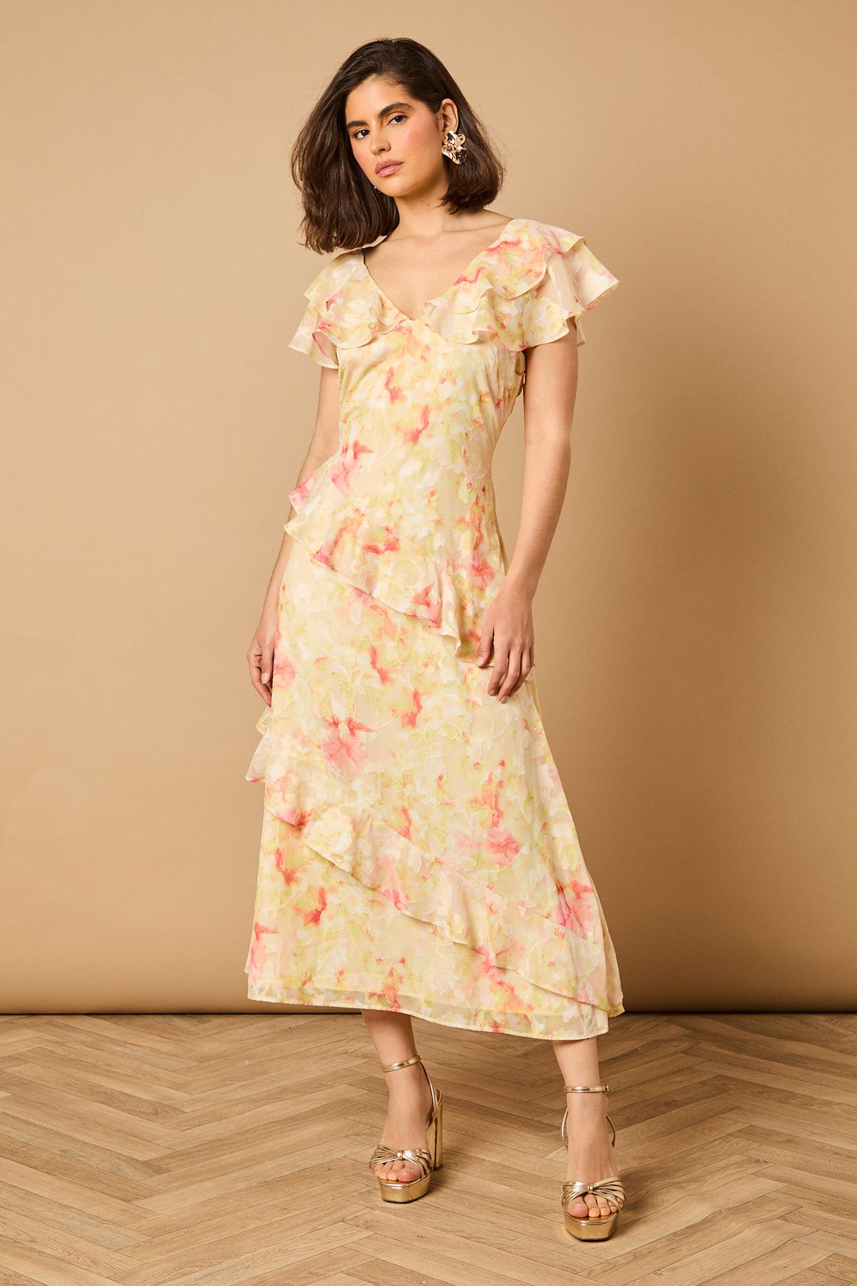 Oasis Ruffle Sleeve Jacquard Midi Dress Yellow image 2