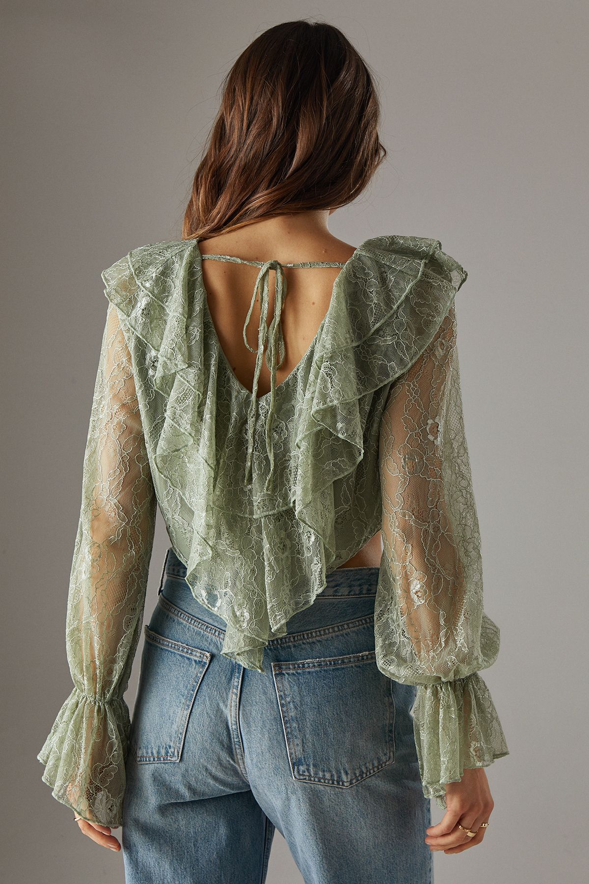Warehouse Lace Double Ruffle Blouson Blouse Khaki image 3