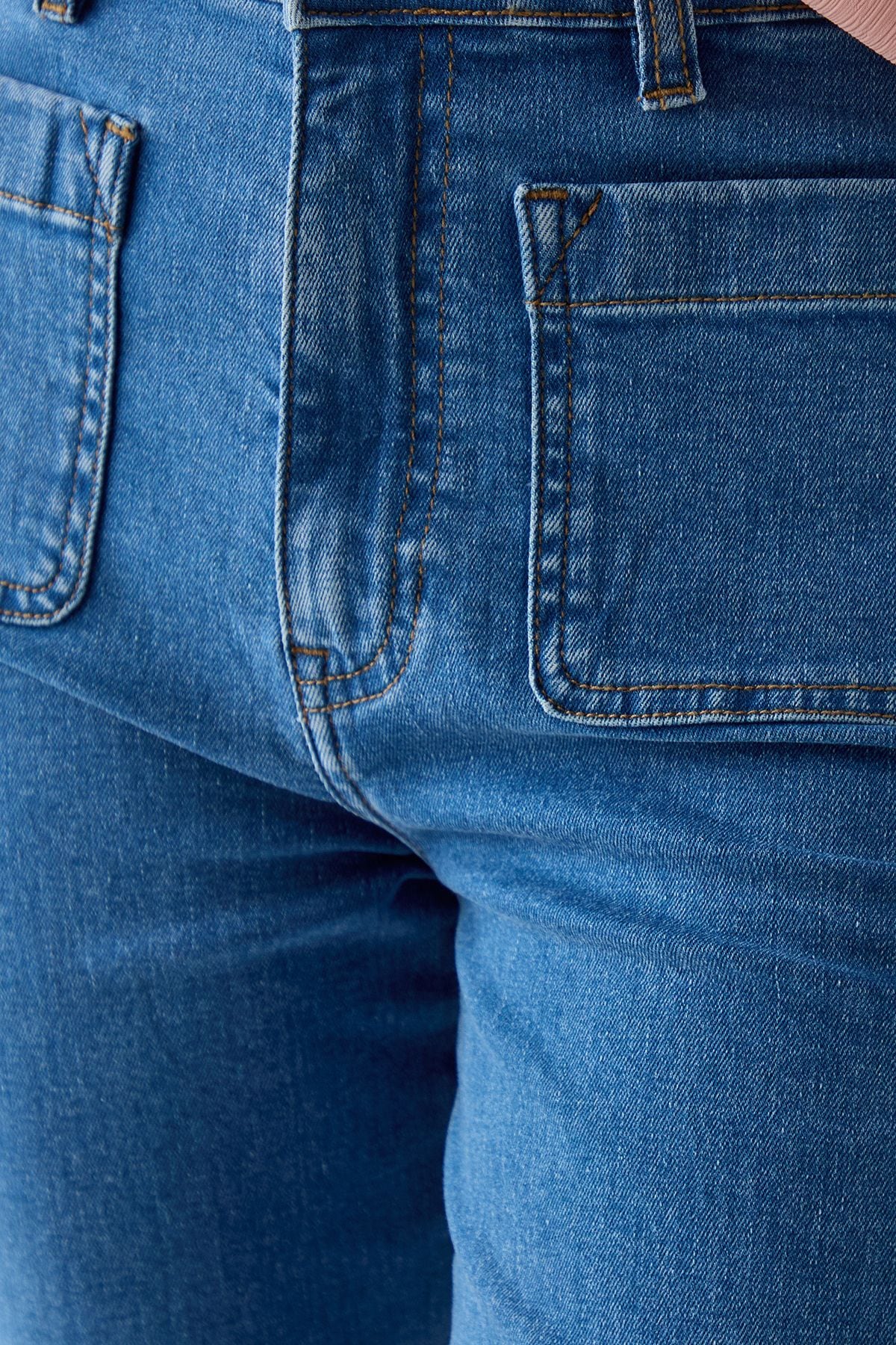 Warehouse High Waist Denim Bootcut With Patch Pockets Mid Wash image 5