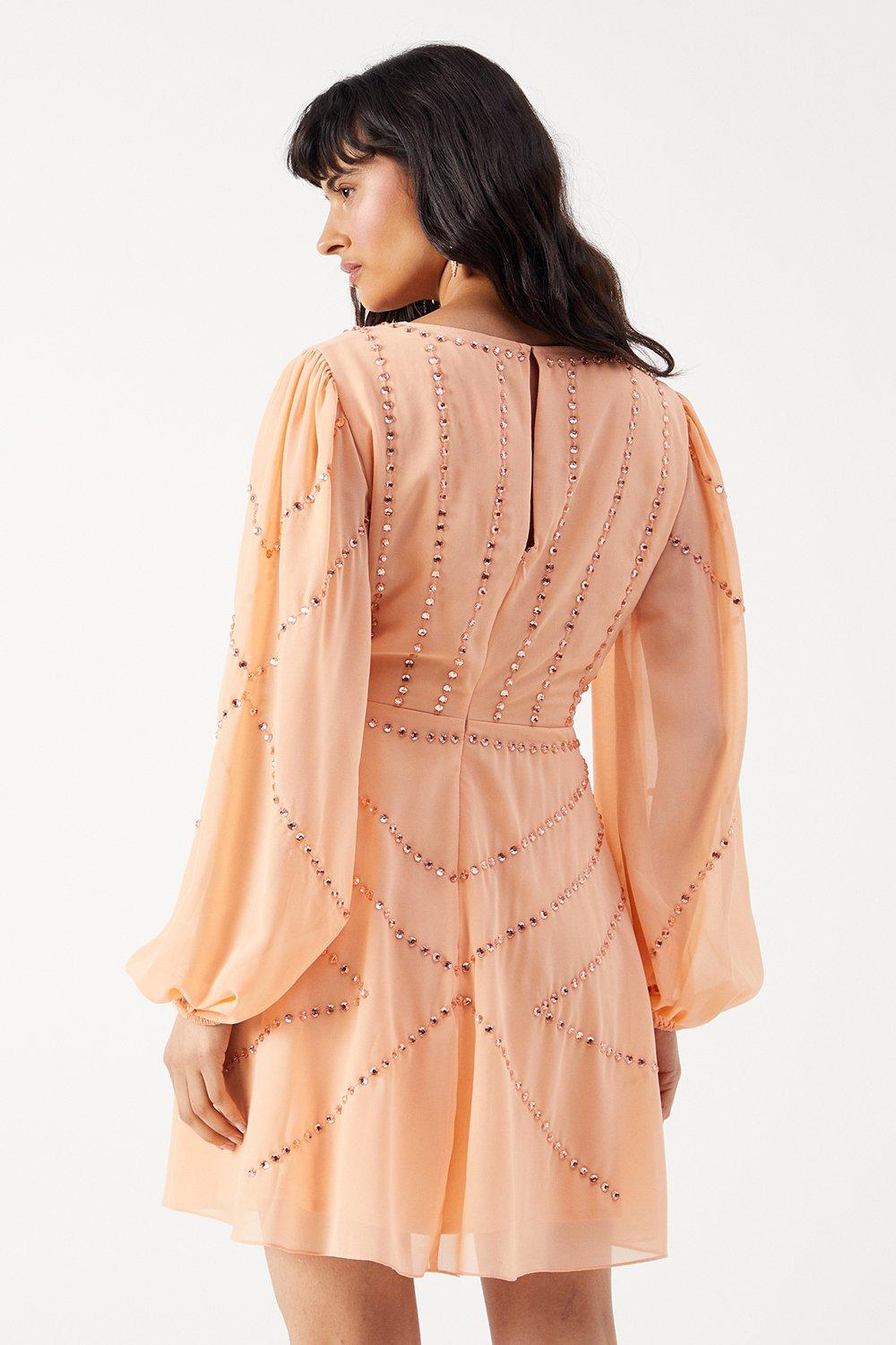 Warehouse Premium Chiffon Embellished Sequin Plunge Neck Mini Dress Washed Coral image 3