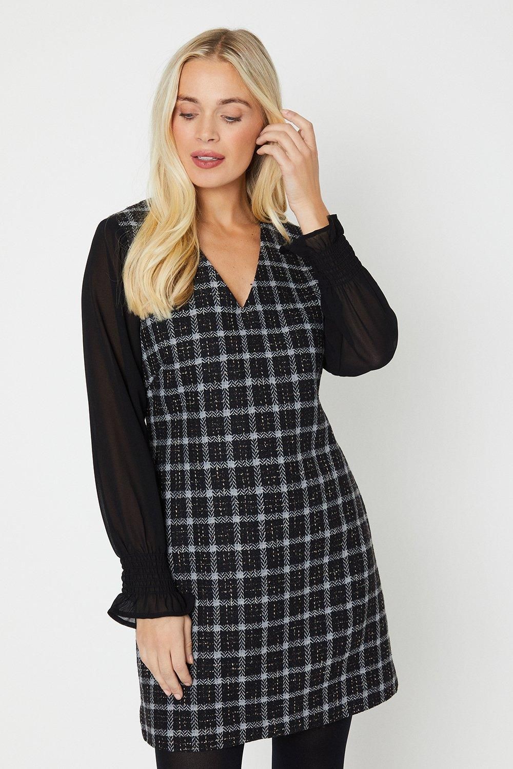 Oasis Petite Chiffon Sleeve Check Boucle Dress Black image 1