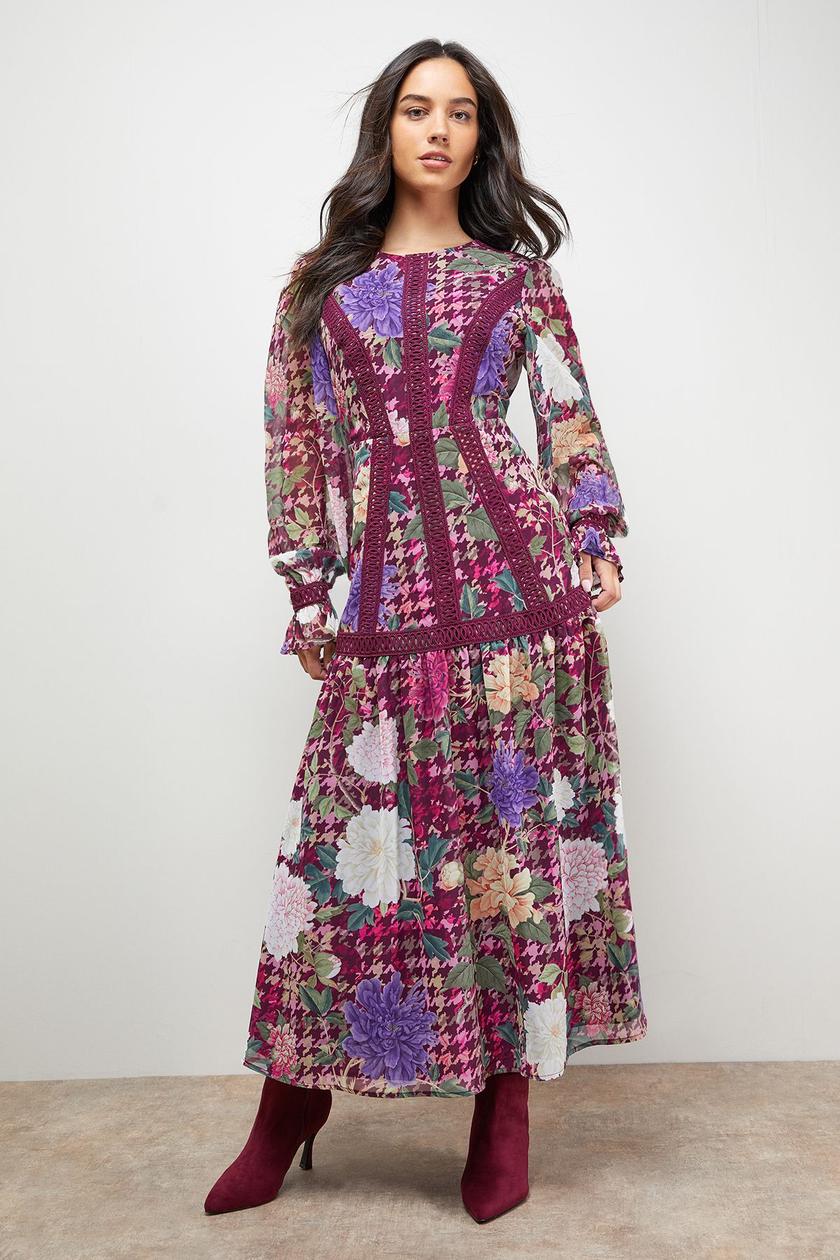 Oasis Lace Detail Balloon Sleeve Drop Hem Midi Dress Floral image 1