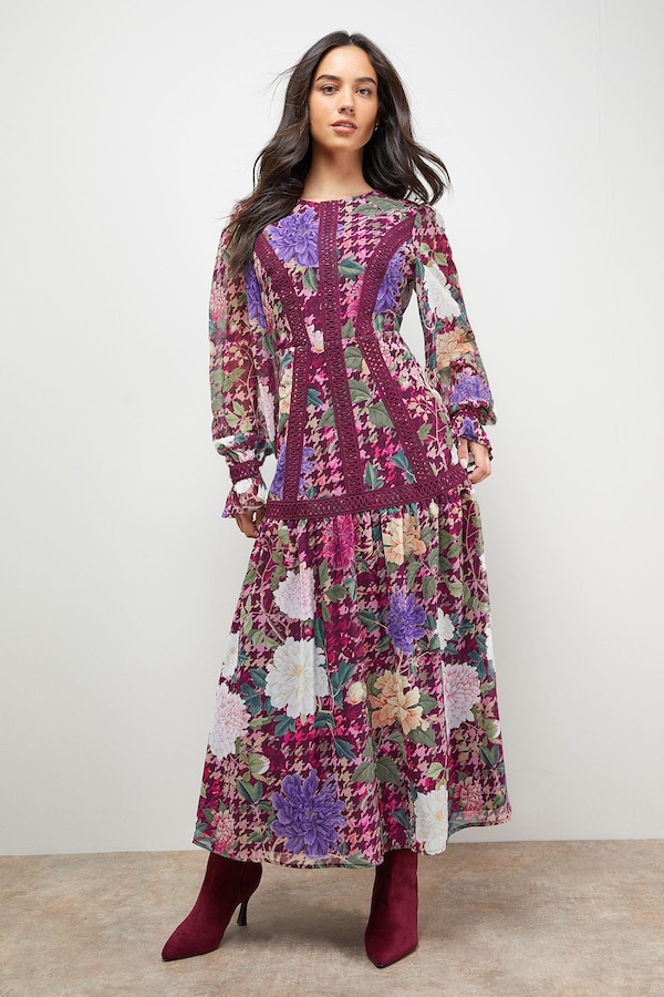 Oasis Lace Detail Balloon Sleeve Drop Hem Midi Dress Floral