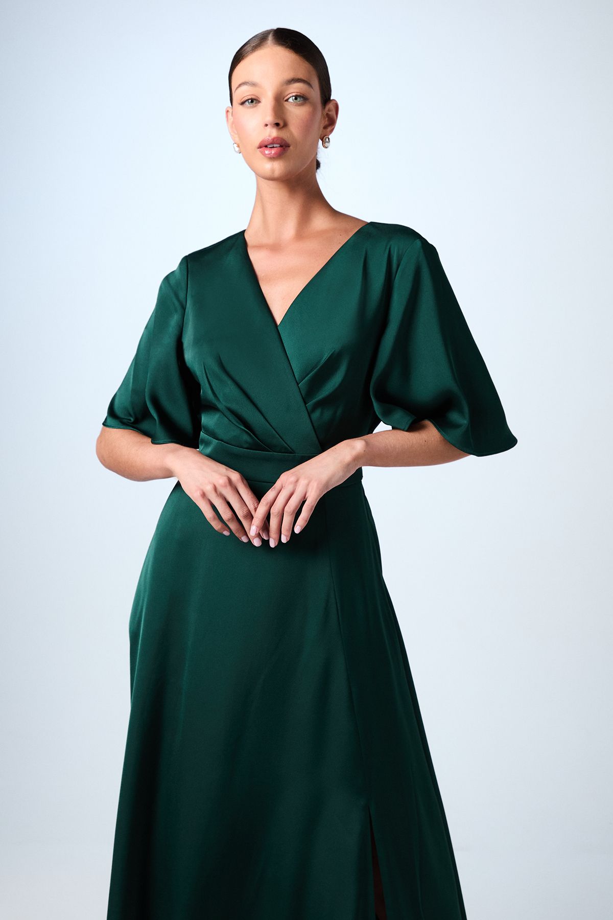 Coast Angel Sleeve Wrap Satin Maxi Bridesmaid Dress Emerald image 2
