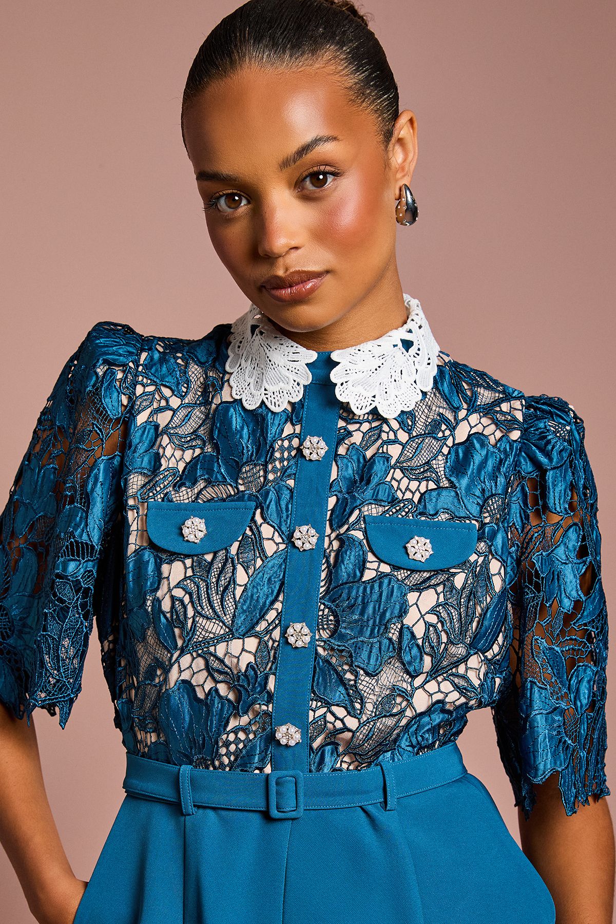 Coast Petite Lace Shirt Short Sleeve Jumpsuit Slate Blue image 4