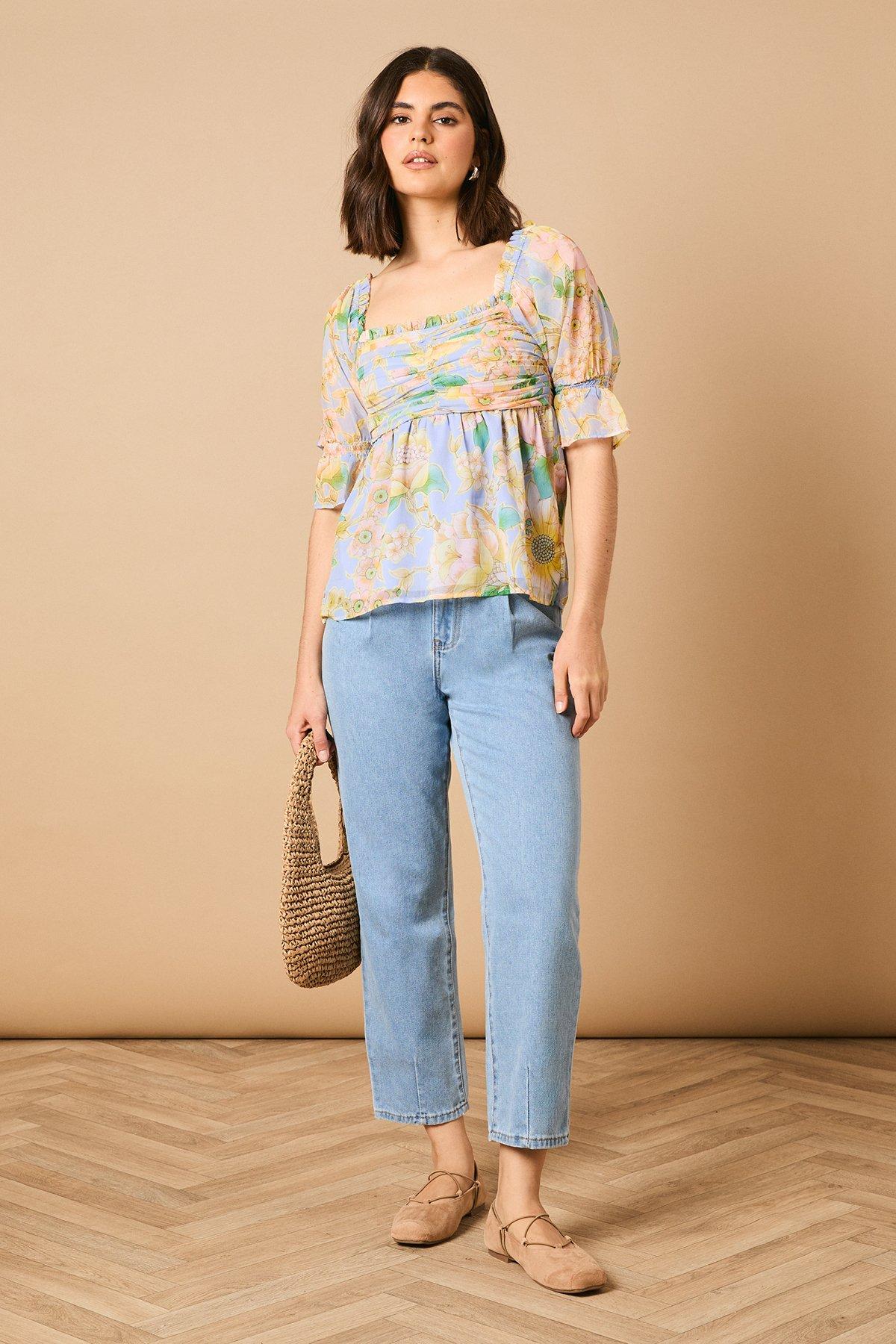 Oasis Floral Ruched Bodice Babydoll Blouse Blue