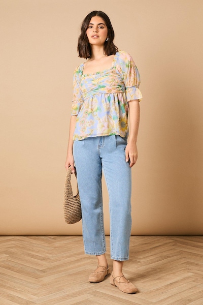 Oasis Floral Ruched Bodice Babydoll Blouse Blue