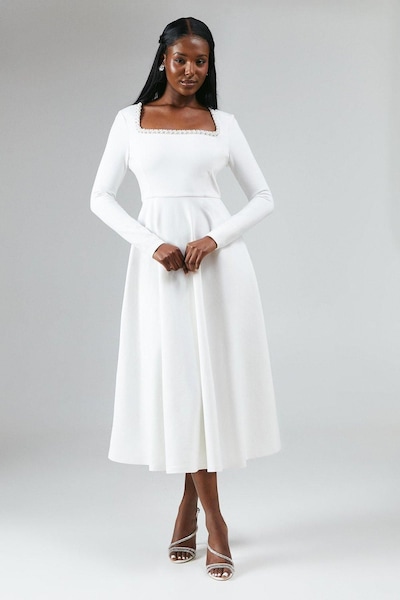 Coast Crystal Trim Ponte Long Sleeve Midi Wedding Dress Ivory