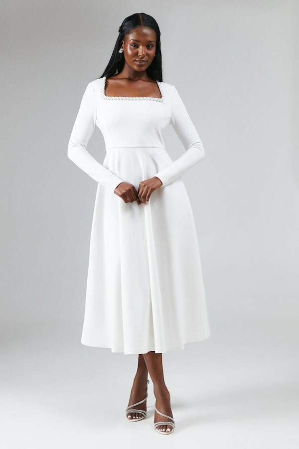 Coast Crystal Trim Ponte Long Sleeve Midi Wedding Dress Ivory