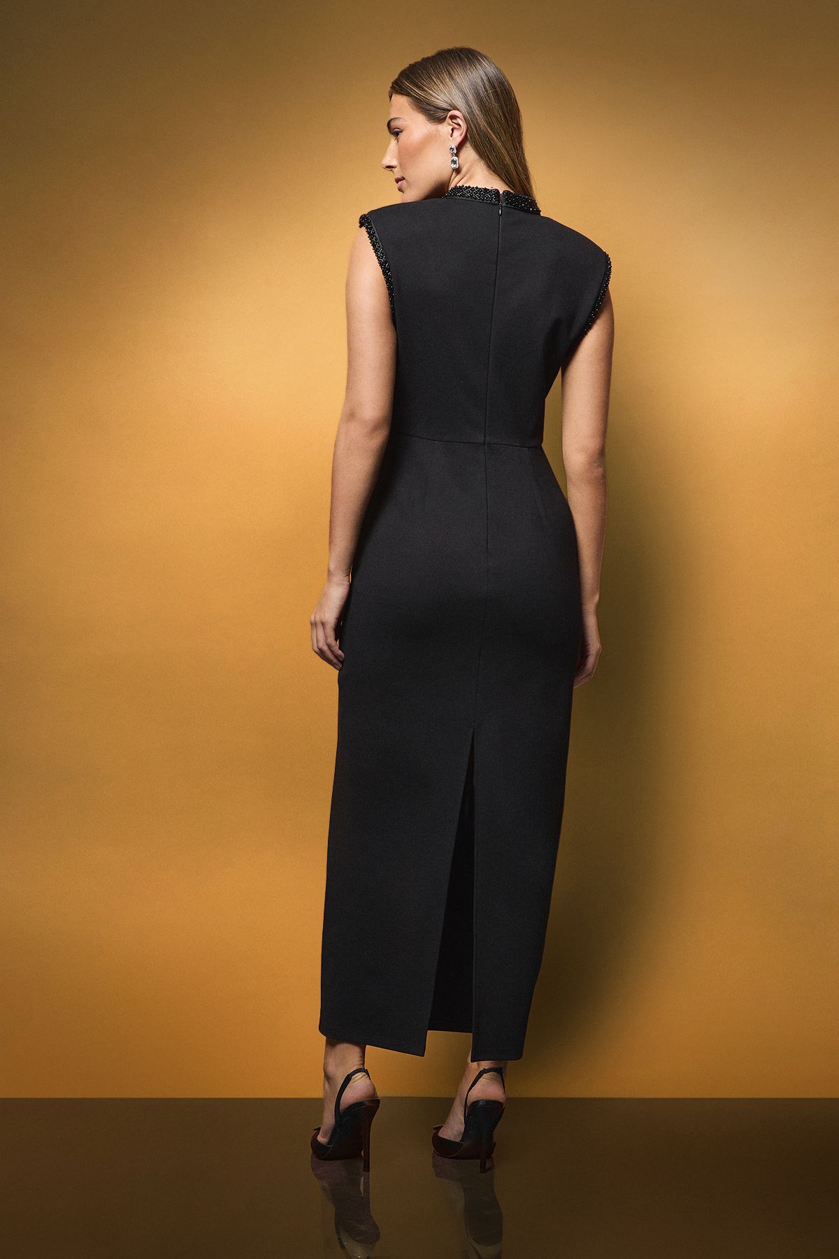 Coast High Neck Beaded Detail Column Midi Dress Black image 3