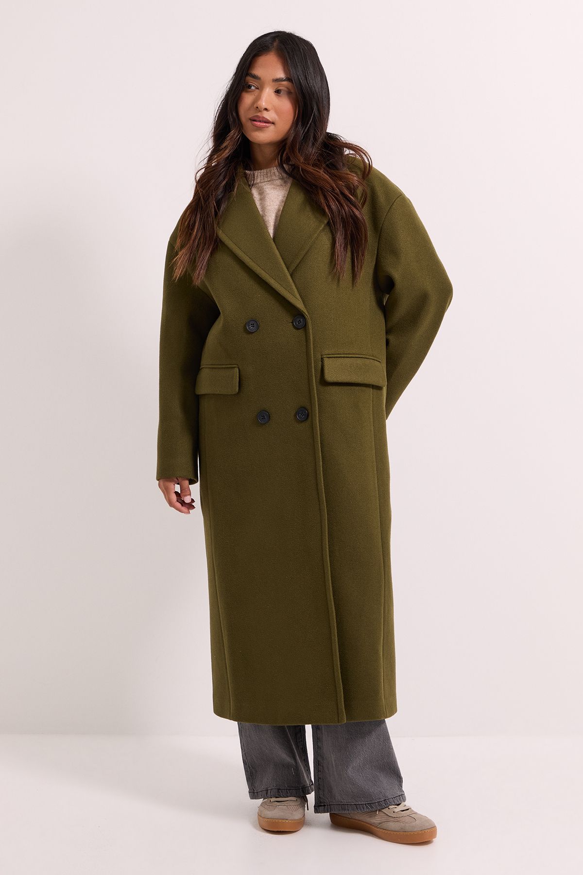 Dorothy Perkins Petite Relaxed Buttoned Midi Coat Khaki image 3