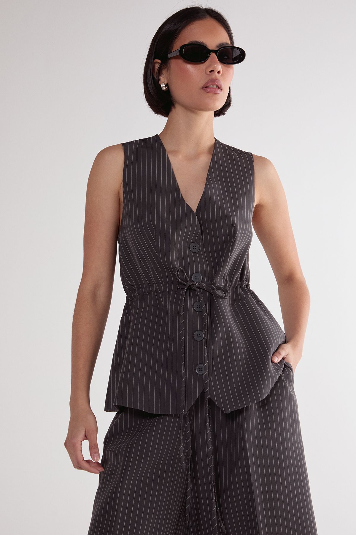 NastyGal Pinstripe Ruched Tie Front Waistcoat Grey image 3