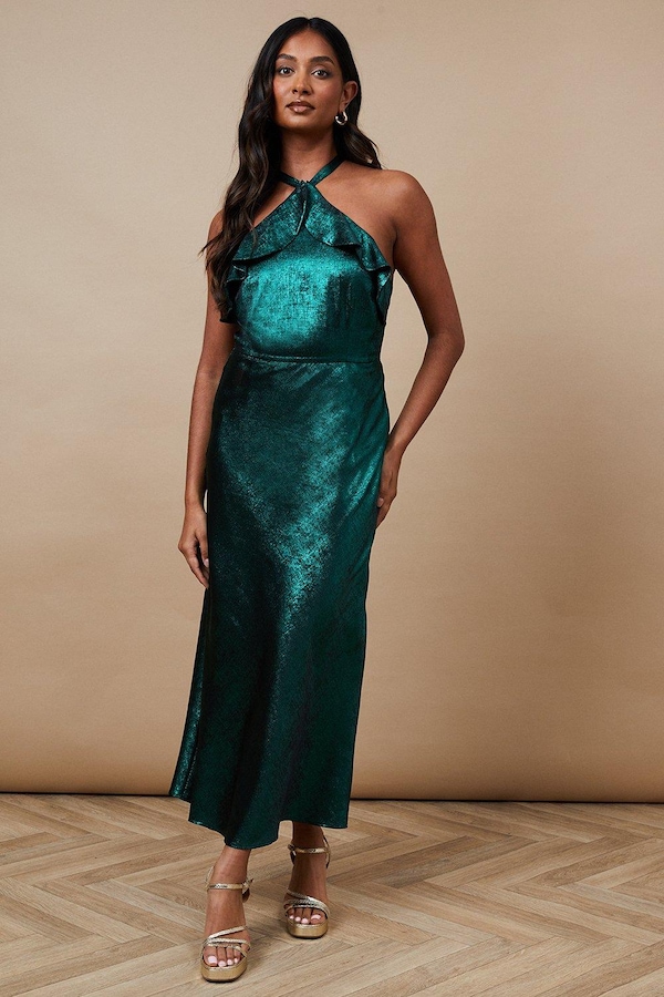 Oasis Foil Halterneck Ruffle Foil Midaxi Dress Green